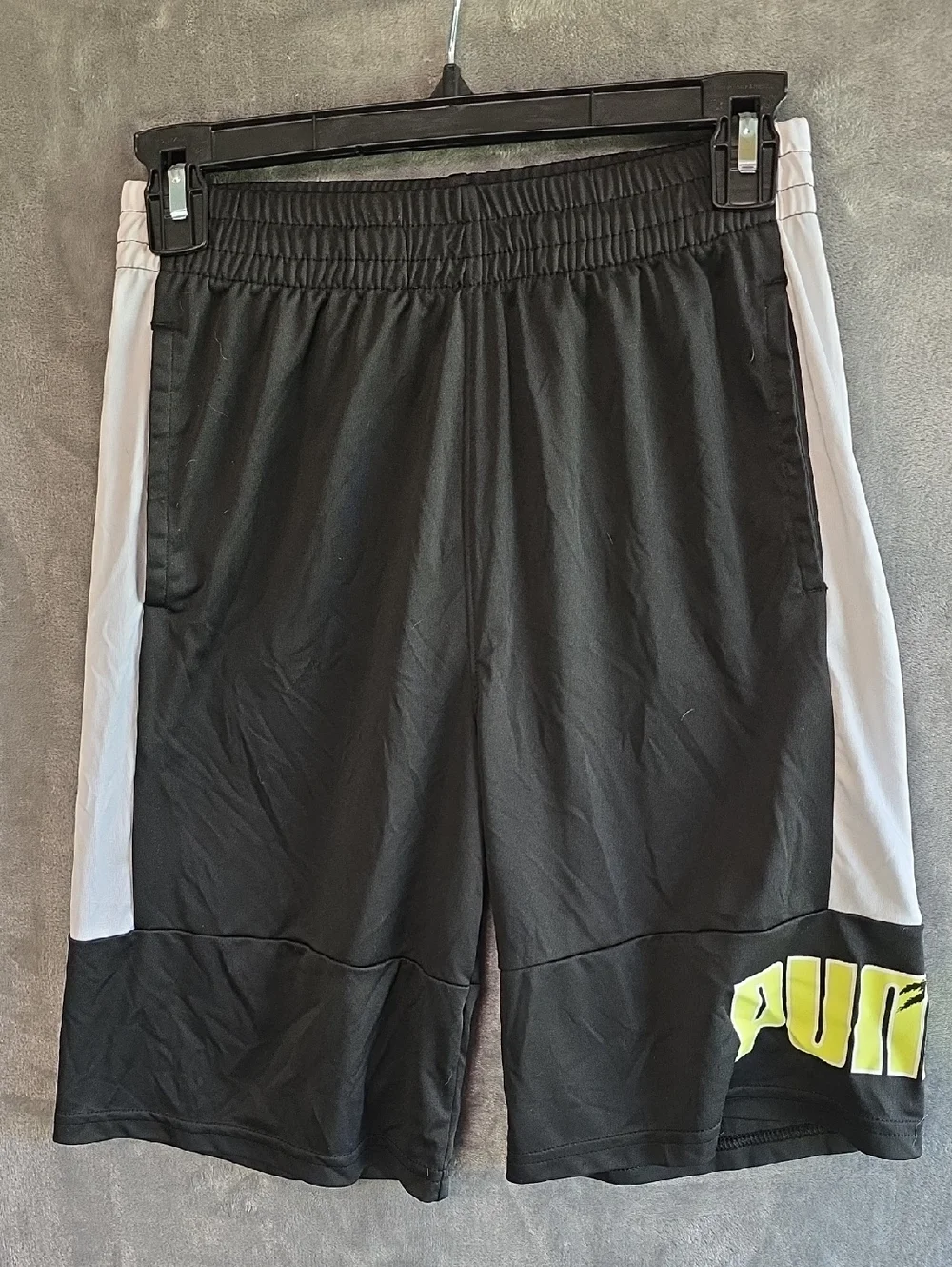 Puma Black Shorts with White Side Panels and Yellow Logo. Boys Size Large 14/16